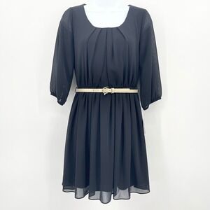 By & By Sz S Classic Short Black Dress 3/4 Length Sheer Sleeves Gold Belt NWT